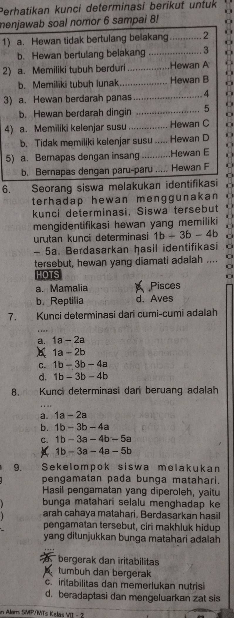 Perhatikan kunci determinasi berikut untuk
menjawab soal nomor 6 sampai 8!
1) a. Hewan tidak bertulang belakang ............ 2
b. Hewan bertulang belakang .......... 3
2) a. Memiliki tubuh berduri .................Hewan A
b. Memiliki tubuh lunak .................... Hewan B
3) a. Hewan berdarah panas ……4
b. Hewan berdarah dingin ……….... 5
4) a. Memiliki kelenjar susu ................ Hewan C
b. Tidak memiliki kelenjar susu..... Hewan D D
5) a. Bernapas dengan insang.............Hewan E
b. Bernapas dengan paru-paru ..... Hewan F D
6. Seorang siswa melakukan identifikasi
terhadap hewan menggunakan C
kunci determinasi. Siswa tersebut D
mengidentifikasi hewan yang memiliki D
D
urutan kunci determinasi 1b-3b-4b C
- 5a. Berdasarkan hasil identifikasi
tersebut, hewan yang diamati adalah ....
HOTS
a. Mamalia Pisces
b. Reptilia d. Aves
7.  Kunci determinasi dari cumi-cumi adalah
a. 1a-2a
1a-2b
C. 1b-3b-4a
d. 1b-3b-4b
8. Kunci determinasi dari beruang adalah
a. 1a-2a
b. 1b-3b-4a
C. 1b-3a-4b-5a
1b-3a-4a-5b
9. Sekelompok siswa melakukan
pengamatan pada bunga matahari.
Hasil pengamatan yang diperoleh, yaitu
bunga matahari selalu menghadap ke
arah cahaya matahari. Berdasarkan hasil
pengamatan tersebut, ciri makhluk hidup
yang ditunjukkan bunga matahari adalah
bergerak dan iritabilitas
tumbuh dan bergerak
c. iritabilitas dan memerlukan nutrisi
d. beradaptasi dan mengeluarkan zat sis
n Alam SMP/MTs Kelas VII - 2