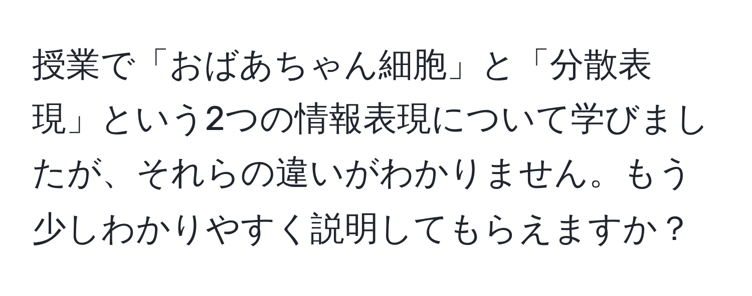 授業で「おばあちゃん細胞」と「分散表現」という2つの情報表現について学びましたが、それらの違いがわかりません。もう少しわかりやすく説明してもらえますか？