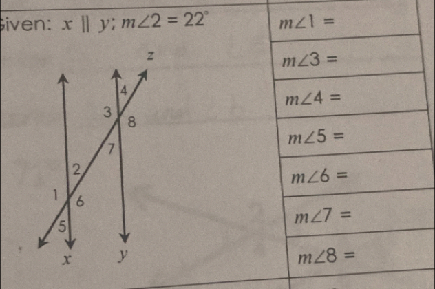 Given: x||y;m∠ 2=22°