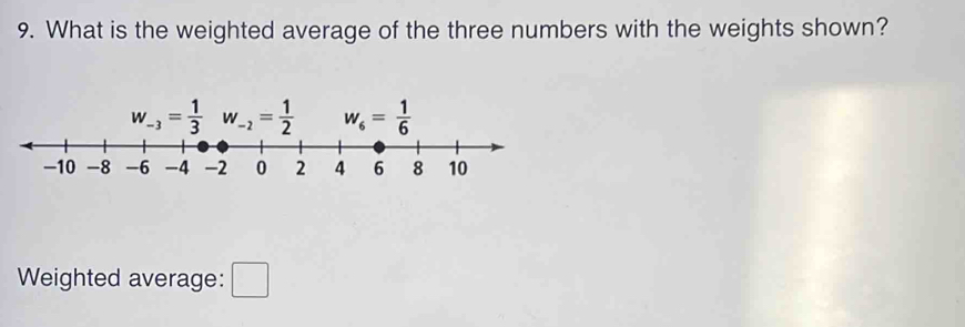 What is the weighted average of the three numbers with the weights shown?
Weighted average: □