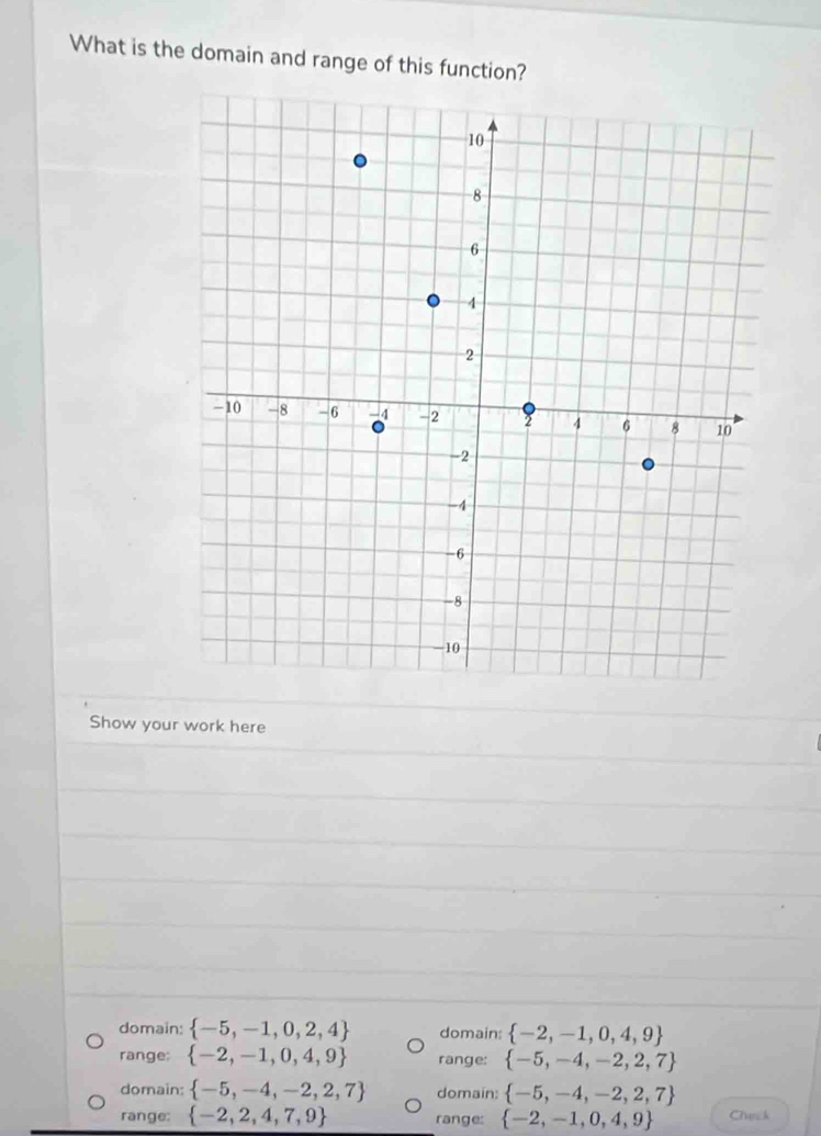 What is the domain and range of this function?
Show your work here
domain:  -5,-1,0,2,4 domain:  -2,-1,0,4,9
range:  -2,-1,0,4,9 range:  -5,-4,-2,2,7
domain:  -5,-4,-2,2,7 domain:  -5,-4,-2,2,7
range:  -2,2,4,7,9 range:  -2,-1,0,4,9 Check