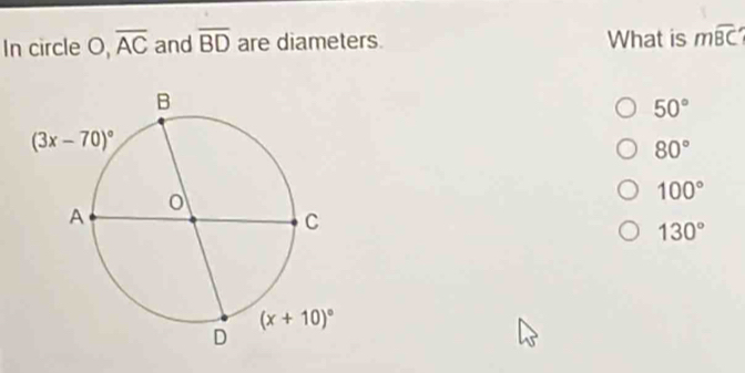 In circle O,overline AC and overline BD are diameters. What is mwidehat BC
50°
80°
100°
130°