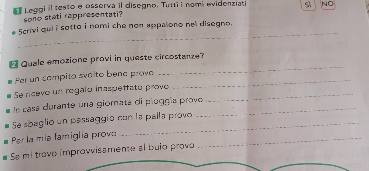 Leggi il testo e osserva il disegno. Tutti i nomi evidenziati sì NO
sono stati rappresentati?
_
Scrivi qui i sotto i nomi che non appaiono nel disegno.
Quale emozione provi in queste circostanze?
Per un compito svolto bene provo
_
Se ricevo un regalo inaspettato provo_
_
In casa durante una giornata di pioggia provo_
Se sbaglio un passaggio con la palla provo
Per la mia famiglia provo_
Se mi trovo improvvisamente al buio provo