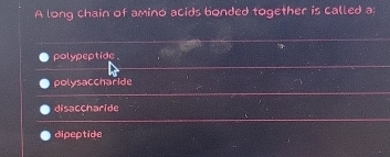 A long Chain of amino acids bonded together is called a:
polypeptide .
polysaccharide
disaccharide
dipeptide