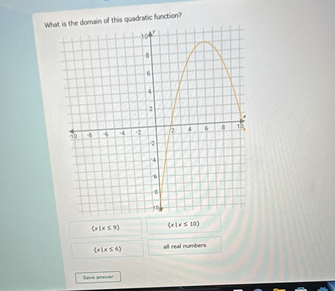 What is the domain of this quadratic function?
 x|x≤ 9
 x|x≤ 10
 x|x≤ 6
all real numbers
Save answer