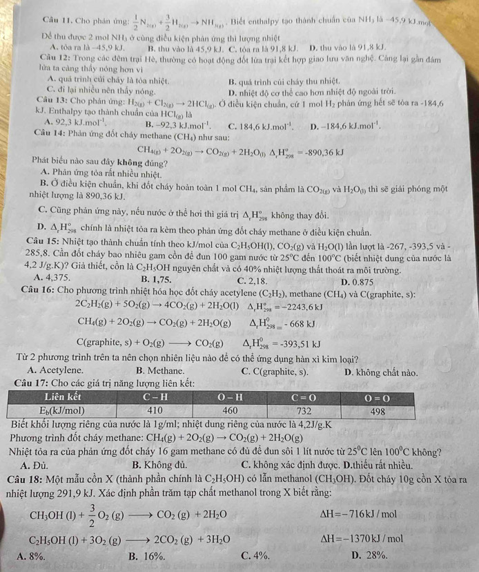 Cho phản ứng:  1/2 N_2(g)+ 3/2 H_2(g)to NH_3(g). Biết enthalpy tạo thành chuẩn của NH_3la-45,9kJ mot
Dể thu được 2 mol NII_3 àở cùng điều kiện phân ứng thì lượng nhiệt k J. D. thu vào là 91,8 kJ.
A. tỏa ra là -45,9 kJ. B. thu vào là 45.9 kJ. C. tỏa ra là 91.8
Câu 12: Trong các đêm trại Hè, thường có hoạt động đốt lửa trại kết hợp giao lưu văn nghệ. Cảng lại gần đám
lửa ta càng thấy nóng hơn vì
A. quá trình củi cháy là tỏa nhiệt. B. quá trình củi cháy thu nhiệt.
C. đi lại nhiều nên thấy nóng. D. nhiệt độ cơ thể cao hơn nhiệt độ ngoài trời.
* Câu 13: Cho phản ứng: H_2(g)+Cl_2(g)to 2HCl_(g). Ở điều kiện chuẩn, cứ 1 mol H_2 phản ứng hết sẽ tỏa ra -184,6
kJ. Enthalpy tạo thành chuẩn của HCl_(g) là
A. 92,3kJ.mol^(-1). B. -92,3kJ.mol^(-1). C. 184,6kJ.mol^(-1). D. -184.6kJ.mol^(-1).
Câu 14: Phản ứng đốt cháy methane (CH_4) như sau:
CH_4(g)+2O_2(g)to CO_2(g)+2H_2O_(l)△ _rH_(298)^o=-890,36kJ
Phát biểu nào sau đây không đúng?
A. Phản ứng tỏa rất nhiều nhiệt.
B. Ở điều kiện chuẩn, khi đốt cháy hoàn toàn 1 mol CH_4, , sản phẩm là CO_2(g) và H_2O_(l)
nhiệt lượng là 890,36 kJ. thì sẽ giải phóng một
C. Cũng phản ứng này, nếu nước ở thể hơi thì giá trị △ _rH_(298)° không thay đổi.
D. △ _rH_(298)° chính là nhiệt tỏa ra kèm theo phản ứng đốt cháy methane ở điều kiện chuẩn.
Câu 15: Nhiệt tạo thành chuẩn tính theo kJ/mol của C_2H_5OH(l),CO_2(g) và H_2O(l) lần lượt là -267,-. 93.5va -
285,8. Cần đốt cháy bao nhiêu gam cồn để đun 100 gam nước từ 25°C đến 100°C (biết nhiệt dung của nước là
4.2J/g.K) ?  Giả thiết, cồn là C_2H_5OH nguyên chất và có 40% nhiệt lượng thất thoát ra môi trường.
A. 4,375. B. 1,75. C. 2,18. D. 0.875
Câu 16: Cho phương trình nhiệt hóa học đốt cháy acetylene (C_2H_2) , methane (CH_4) và C(graphite, s):
2C_2H_2(g)+5O_2(g)to 4CO_2(g)+2H_2O(l) △ _rH_(298)^o=-2243,6kJ
CH_4(g)+2O_2(g)to CO_2(g)+2H_2O(g) △ _rH_(298=)^0-668kJ
C(graphite, s) +O_2(g)to CO_2(g) △ _rH_(298)^0=-393,51kJ
Từ 2 phương trình trên ta nên chọn nhiên liệu nào đề có thể ứng dụng hàn xì kim loại?
A. Acetylene. B. Methane. C. C(graphite, s). D. không chất nào.
Câu 17: Cho các giá trị năng lượng liên kết:
lg/m riêng của nước là 4,2J/g.K
Phương trình đốt cháy methane: CH_4(g)+2O_2(g)to CO_2(g)+2H_2O(g)
Nhiệt tỏa ra của phản ứng đốt cháy 16 gam methane có đủ để đun sôi 1 lít nước từ 25°Clhat en100°C không?
A. Đù. B. Không đủ. C. không xác định được. D.thiếu rất nhiều.
* Câu 18: Một mẫu cồn X (thành phần chính là C_2H_5OH) có lẫn methanol (CH_3OH). Đốt cháy log conX tỏa ra
nhiệt lượng 291,9 kJ. Xác định phần trăm tạp chất methanol trong X biết rằng:
CH_3OH(l)+ 3/2 O_2(g)to CO_2(g)+2H_2O
Delta H=-716kJ/mol
C_2H_5OH(l)+3O_2(g)to 2CO_2(g)+3H_2O
△ H=-1370kJ/mol
A. 8%. B. 16%. C. 4%. D. 28%.