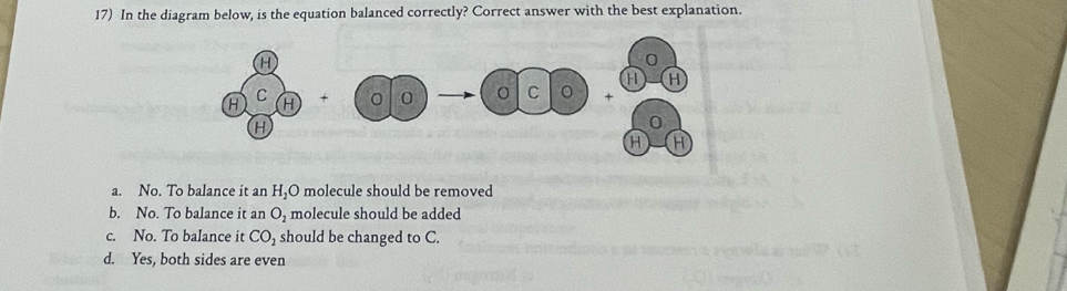 In the diagram below, is the equation balanced correctly? Correct answer with the best explanation.
+ +
a. No. To balance it an H_2 O molecule should be removed
b. No. To balance it an O_2 molecule should be added
c. No. To balance it CO_2 should be changed to C.
d. Yes, both sides are even