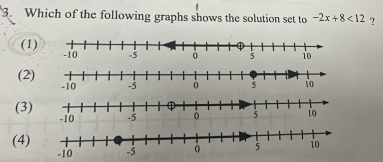 Which of the following graphs shows the solution set to -2x+8<12</tex> ?
(1)
(2)
(3)
(4)