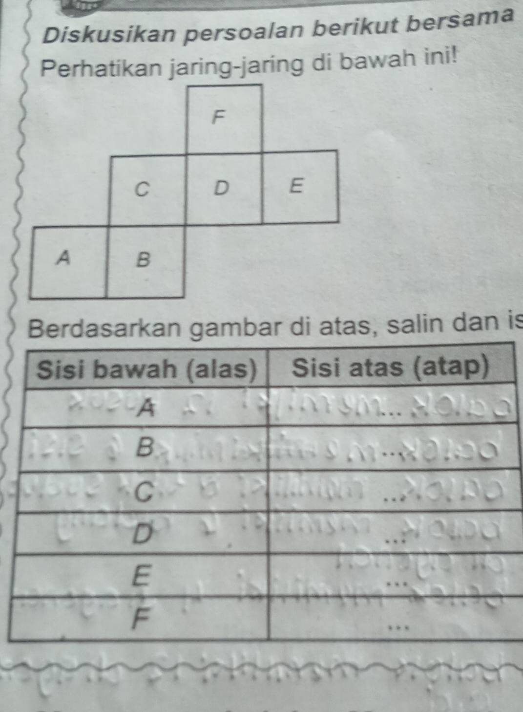 Diskusikan persoalan berikut bersama 
Perhatikan jaring-jaring di bawah ini! 
Berdasarkan gambar di atas, salin dan is