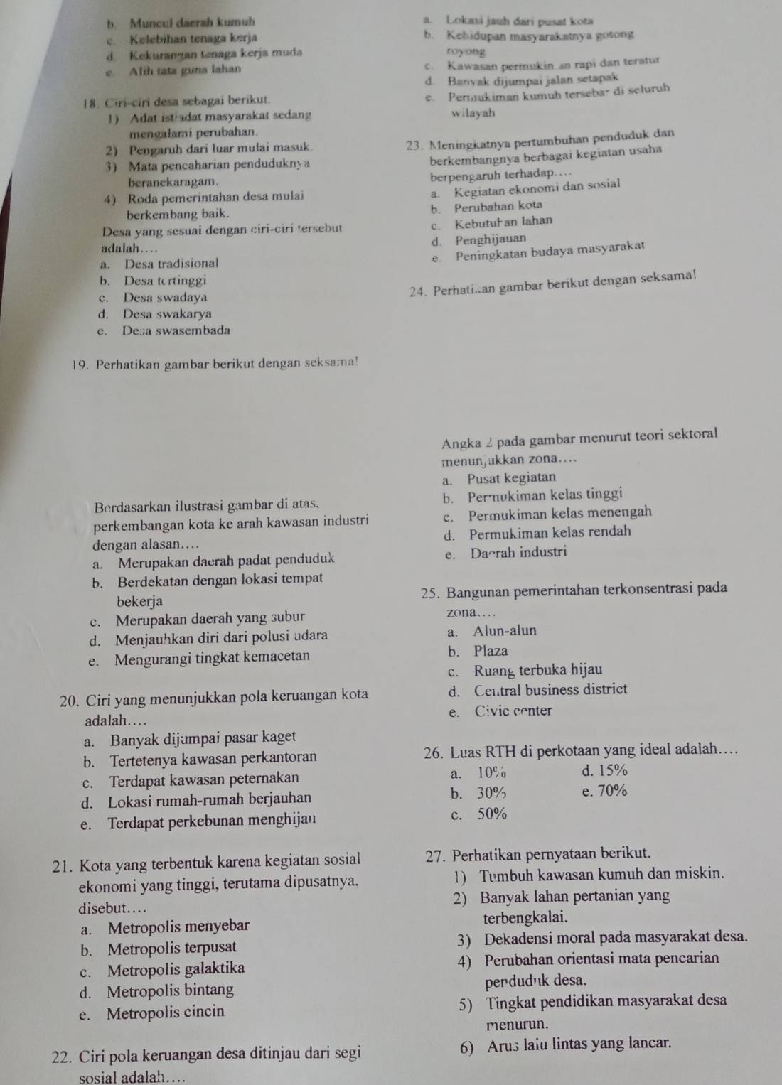 b. Muncul daerah kumub a. Lokasi jauh dari pusat kota
c. Kelebihan tenaga kerja b. Kehidupan masyarakatnya gotong
d Kekurangan tenaga kerja muda royong
e. Afih tata guna lahan c. Kawasan permukin. an rapi dan teratur
d. Banvak dijumpai jalan setapak
18. Ciri-ciri desa sebagai berikut.
e. Permukiman kumuh tersebar di seluruh
1) Adat ist adat masyarakat sedang wilayah
mengalami perubahan.
2) Pengaruh dari luar mulai masuk.
23. Meningkatnya pertumbuhan penduduk dan
3) Mata pencaharian pendudukny a
berkembangnya berbagai kegiatan usaha
beranekaragam. berpengaruh terhadap….
4) Roda pemerintahan desa mulai
a. Kegiatan ekonomi dan sosial
berkembang baik. b. Perubahan kota
Desa yang sesuai dengan ciri-ciri tersebut c. Kebutuhan lahan
adalah…
d. Penghijauan
a. Desa tradisional
e. Peningkatan budaya masyarakat
b. Desa tortinggi
c. Desa swadaya
24. Perhatikan gambar berikut dengan seksama!
d. Desa swakarya
e. Desa swasembada
19. Perhatikan gambar berikut dengan seksama!
Angka 2 pada gambar menurut teori sektoral
menunjukkan zona…
a. Pusat kegiatan
Berdasarkan ilustrasi gambar di atas, b. Perukiman kelas tinggi
perkembangan kota ke arah kawasan industri c. Permukiman kelas menengah
dengan alasan… d. Permukiman kelas rendah
a. Merupakan daerah padat penduduk e. Da⌒rah industri
b. Berdekatan dengan lokasi tempat
bekerja 25. Bangunan pemerintahan terkonsentrasi pada
c. Merupakan daerah yang subur zona...
d. Menjauhkan diri dari polusi udara a. Alun-alun
e. Mengurangi tingkat kemacetan b. Plaza
c. Ruang terbuka hijau
20. Ciri yang menunjukkan pola keruangan kota d. Central business district
adalah… e. Civic center
a. Banyak dijumpai pasar kaget
b. Tertetenya kawasan perkantoran 26. Luas RTH di perkotaan yang ideal adalah…
c. Terdapat kawasan peternakan a. 10% d. 15%
d. Lokasi rumah-rumah berjauhan b. 30% e. 70%
e. Terdapat perkebunan menghijan c. 50%
21. Kota yang terbentuk karena kegiatan sosial 27. Perhatikan pernyataan berikut.
ekonomi yang tinggi, terutama dipusatnya, 1) Tumbuh kawasan kumuh dan miskin.
disebut.... 2) Banyak lahan pertanian yang
a. Metropolis menyebar terbengkalai.
b. Metropolis terpusat 3) Dekadensi moral pada masyarakat desa.
c. Metropolis galaktika 4) Perubahan orientasi mata pencarian
d. Metropolis bintang perdudék desa.
e. Metropolis cincin 5) Tingkat pendidikan masyarakat desa
menurun.
22. Ciri pola keruangan desa ditinjau dari segi 6) Arus laiu lintas yang lancar.
sosial adalah…