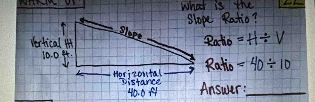 What is the ∠ 
slope Ratio? 
Ratio =H/ V
Ratio =40/ 10
Answer:_