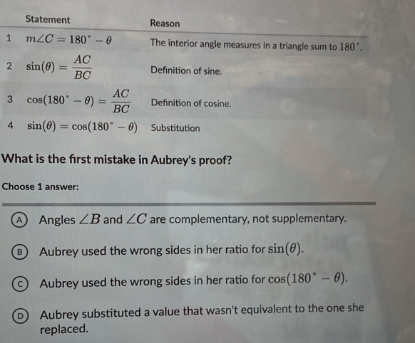 What is the frst mistake in Aubrey's proof?
Choose 1 answer:
A Angles ∠ B and ∠ C are complementary, not supplementary.
B Aubrey used the wrong sides in her ratio for sin (θ ).
c) Aubrey used the wrong sides in her ratio for cos (180°-θ ).
D) Aubrey substituted a value that wasn't equivalent to the one she
replaced.