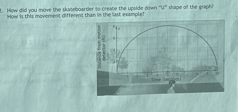 How did you move the skateboarder to create the upside down “U” shape of the graph? 
How is this movement different than in the last example?
8
e g 6
4
2
1 2 3 4 5 6 7 8 9 10
Time (seconds)