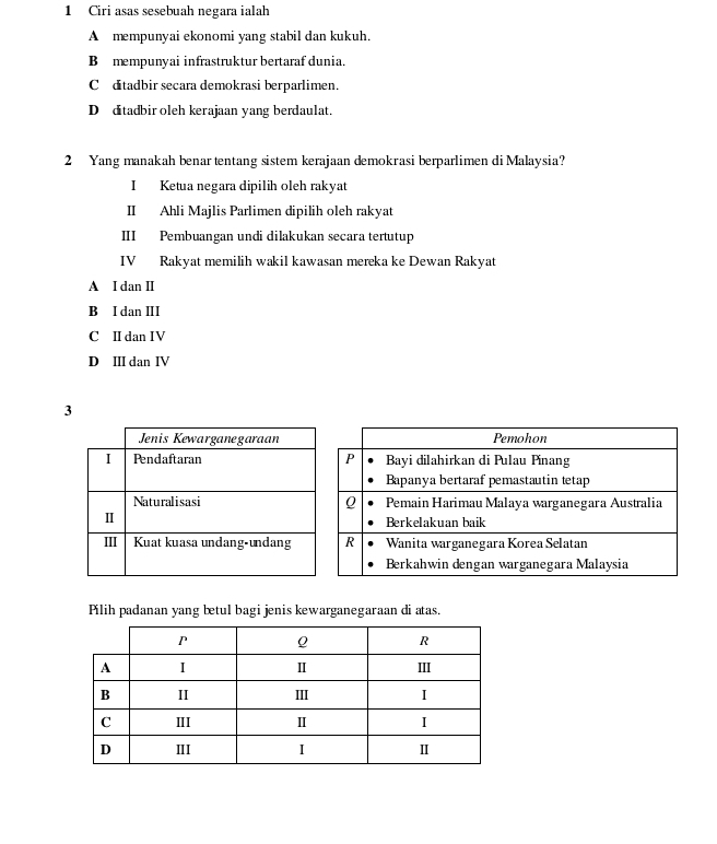 Ciri asas sesebuah negara ialah
A mempunyai ekonomi yang stabil dan kukuh.
B mempunyai infrastruktur bertaraf dunia.
C ditadbir secara demokrasi berparlimen.
D ditadbir oleh kerajaan yang berdaulat.
2 Yang manakah benar tentang sistem kerajaan demokrasi berparlimen di Malaysia?
I Ketua negara dipilih oleh rakyat
II Ahli Majlis Parlimen dipilih oleh rakyat
III Pembuangan undi dilakukan secara tertutup
IV Rakyat memilih wakil kawasan mereka ke Dewan Rakyat
A I dan Ⅱ
B I dan ⅡI
C II dan IV
D II dan IV
3
Pemohon
P Bayi dilahirkan di Pulau Pinang
Bapanya bertaraf pemastautin tetap
Q Pemain Harimau Malaya warganegara Australia
Berkelakuan baik
R Wanita warganegara Korea Selatan
Berkahwin dengan warganegara Malaysia
Pilih padanan yang betul bagi jenis kewarganegaraan di atas.
