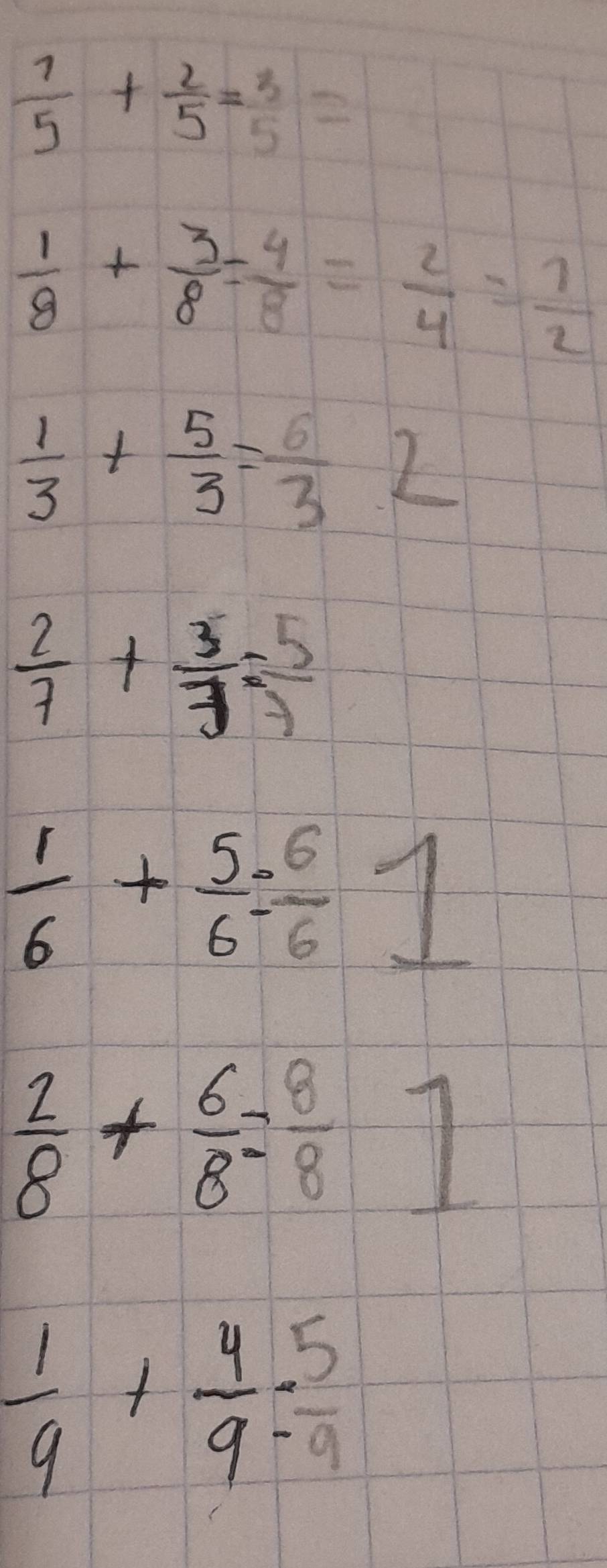  1/5 + 2/5 = 3/5 =
 1/8 + 3/8 = 4/8 = 2/4 = 1/2 
 1/3 + 5/3 = 6/3 2
 2/7 + 3/7 = 5/7 
 1/6 + 5/6 = 6/6 1
 2/8 + 6/8 = 8/8 ]
 1/9 + 4/9 = 5/9 