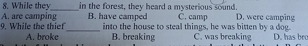 While they_ in the forest, they heard a mysterious sound.
A. are camping B. have camped C. camp D. were camping
9. While the thief _into the house to steal things, he was bitten by a dog.
A. broke B. breaking C. was breaking D. has bro