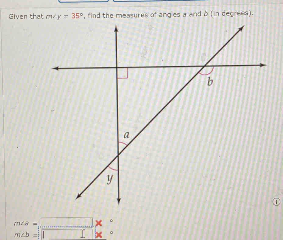 Given that m∠ y=35° , find the measures of angles a and b (in degrees).
m∠ a=□ *°
m∠ b=□°