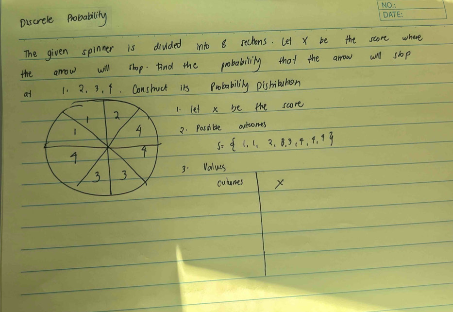 Discrele Probabity 
The given spinner is divided into 8 sechons. Let x be the score where 
the arrow will shop Find the probabilily that the arrow will sop 
at 1. 2. 3. 1. Conshuct its Probabilily pishibuton 
1. let x be the score 
2. possible oulcomes
s= 1,1,2,3,3,4,4,4
3. Values 
ouhones X