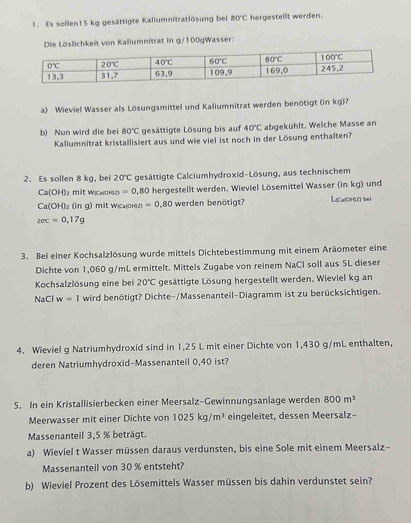 Es sollen15 kg gesättigte Kaliumnitratlösung bei 80°C hergestellt werden.
Die Löslichkeit von Kaliumnitrat in g/100gWasser:
a) Wieviel Wasser als Lösungsmittel und Kaliumnitrat werden benötigt (in kg)?
b) Nun wird die bei 80°C gesättigte Lösung bis auf 40°C abgekühlt. Welche Masse an
Kaliumnitrat kristallisiert aus und wie viel ist noch in der Lösung enthalten?
2. Es sollen 8 kg, bei 20°C gesättigte Calciumhydroxid-Lösung, aus technischem
Ca(OH) 2 mit W(Ca(OH)2) =0 ,80 hergestellt werden. Wieviel Lösemittel Wasser (in kg) und
Ca(OH)_2(ing g) mit W_(Ca(O H)2) =0,8 0 werden benötigt? L(Ca(OH)2) bei
2sigma c=0,17g
3. Bei einer Kochsalzlösung wurde mittels Dichtebestimmung mit einem Aräometer eine
Dichte von 1,060 g/mL ermittelt. Mittels Zugabe von reinem NaCl soll aus 5L dieser
Kochsalzlösung eine bei 20°C gesättigte Lösung hergestellt werden. Wieviel kg an
NaCl w=1 wird benötigt? Dichte-/Massenanteil-Diagramm ist zu berücksichtigen.
4. Wieviel g Natriumhydroxid sind in 1,25 L mit einer Dichte von 1,430 g/mL enthalten,
deren Natriumhydroxid-Massenanteil 0,40 ist?
5. In ein Kristallisierbecken einer Meersalz-Gewinnungsanlage werden 800m^3
Meerwasser mit einer Dichte von 1025kg/m^3 eingeleitet, dessen Meersalz-
Massenanteil 3,5 % beträgt.
a) Wieviel t Wasser müssen daraus verdunsten, bis eine Sole mit einem Meersalz-
Massenanteil von 30 % entsteht?
b) Wieviel Prozent des Lösemittels Wasser müssen bis dahin verdunstet sein?