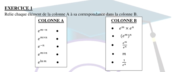 Relie chaque élément de la colonne A à sa correspondance dans la colonne B. 
COLONNE A COLONNE B
e^m* e^n
e^(m-n)
e^(m* n)
(e^m)^n
e^(-n)
 e^m/e^n 
e^(m+n)
m
e^(ln m)
 1/e^n 