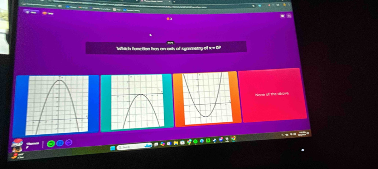 Which function has an axis of symmetry of x=0?
None of the above