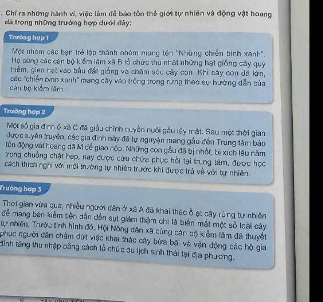 Chỉ ra những hành vi, việc làm đổ bảo tồn thế giới tự nhiên và động vật hoang
dã trong những trường hợp dưới đây:
Trường hợp 1
Một nhóm các bạn trẻ lập thành nhóm mang tên "Những chiến binh xanh".
Họ cùng các cán bộ kiểm lâm xã B tổ chức thu nhặt những hạt giống cây quý
hiếm, gieo hạt vào bầu đất giống và chăm sóc cây con. Khi cây con đã lớn,
các "chiến binh xanh" mang cây vào trồng trong rừng theo sự hướng dẫn của
cán bộ kiểm lâm.
Trường hợp 2
Một số gia đình ở xã C đã giấu chính quyền nuôi gấu lấy mật. Sau một thời gian
được tuyên truyền, các gia đình này đã tự nguyện mang gấu đến Trung tâm bảo
tồn động vật hoang dã M đế giao nộp. Những con gấu đã bị nhốt, bị xích lâu năm
trong chuồng chật hẹp, nay được cứu chữa phục hồi tại trung tâm, được học
cách thích nghi với môi trường tự nhiên trước khi được trả về với tự nhiên.
Trường hợp 3
Thời gian vừa qua, nhiều người dân ở xã A đã khai thác ồ ạt cây rừng tự nhiên
để mang bán kiếm tiền dẫn đến sụt giảm thậm chi là biến mất một số loài cây
tự nhiên. Trước tinh hình đó, Hội Nông dân xã cùng cán bộ kiểm lâm đã thuyết
phục người dân chấm dứt việc khai thác cây bừa bãi và vận động các hộ gia
đình tăng thu nhập bằng cách tổ chức du lịch sinh thái tại địa phương.
10