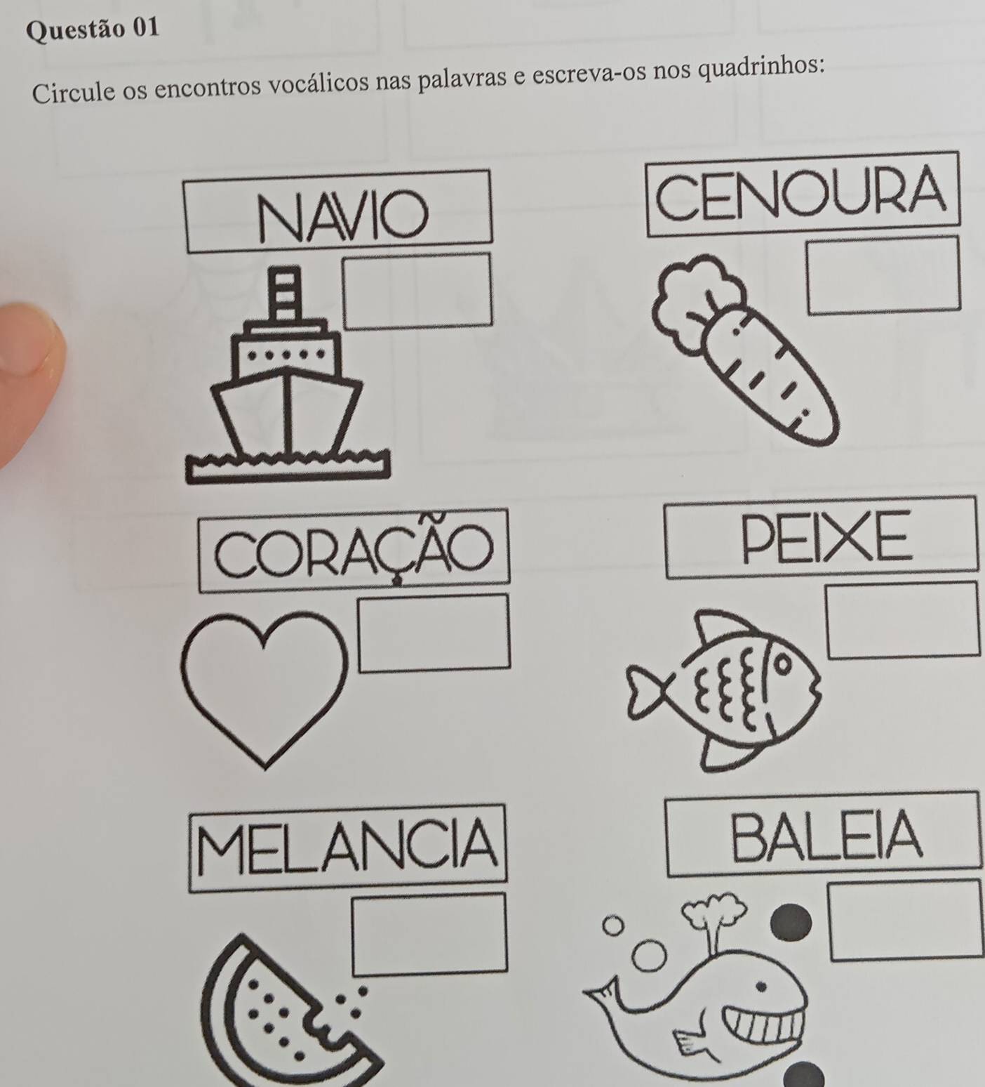 Circule os encontros vocálicos nas palavras e escreva-os nos quadrinhos:
NAVIO
CORAÇãO
PEIXE
MELANCIA BALEIA