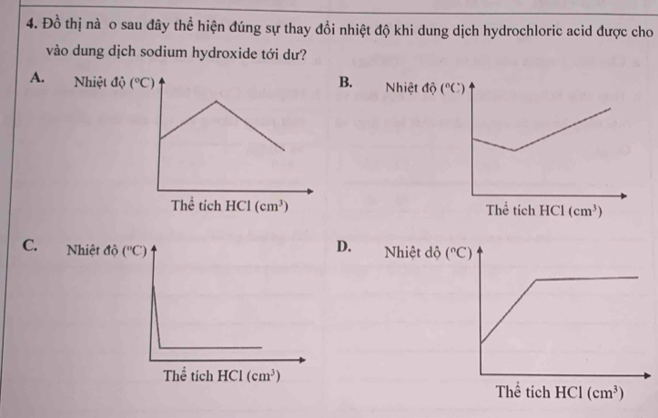 Đồ thị nà o sau đây thể hiện đúng sự thay đổi nhiệt độ khi dung dịch hydrochloric acid được cho
vào dung dịch sodium hydroxide tới dư?
A. Nhiệt B.  Nhiệt 
 
.
C.Nhiệt đ