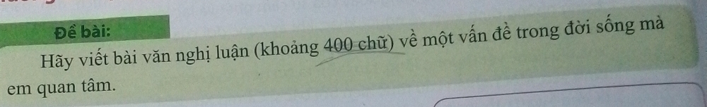 Đề bài: 
Hãy viết bài văn nghị luận (khoảng 400 chữ) về một vấn đề trong đời sống mà 
em quan tâm.