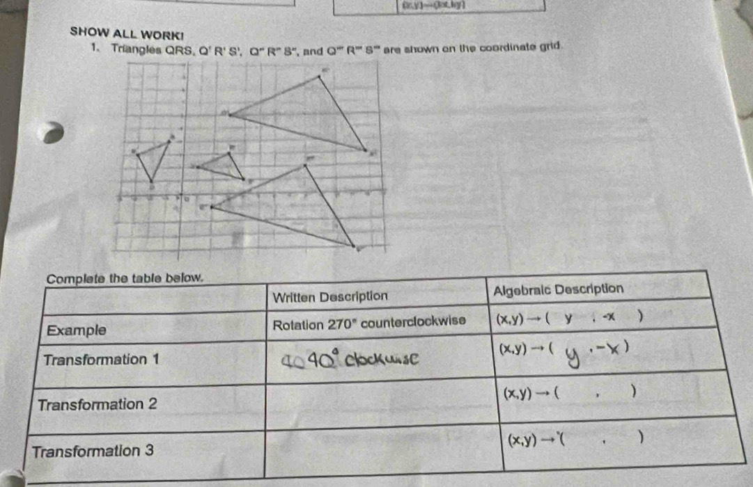 ∴ y)=4x+6y
SHOW ALL WORK!
1. Triangles QRS. Q''R''S'' are shown on the coordinate grid.
Complete the table below.
Written Description Algebralc Description
Example Rotation 270° counterclockwise (x,y)to (y,-x)
Transformation 1 MAC
(x,y)to (y ,-x)
Transformation 2
(x,y)to (,)
Transformation 3
(x,y)to (,)