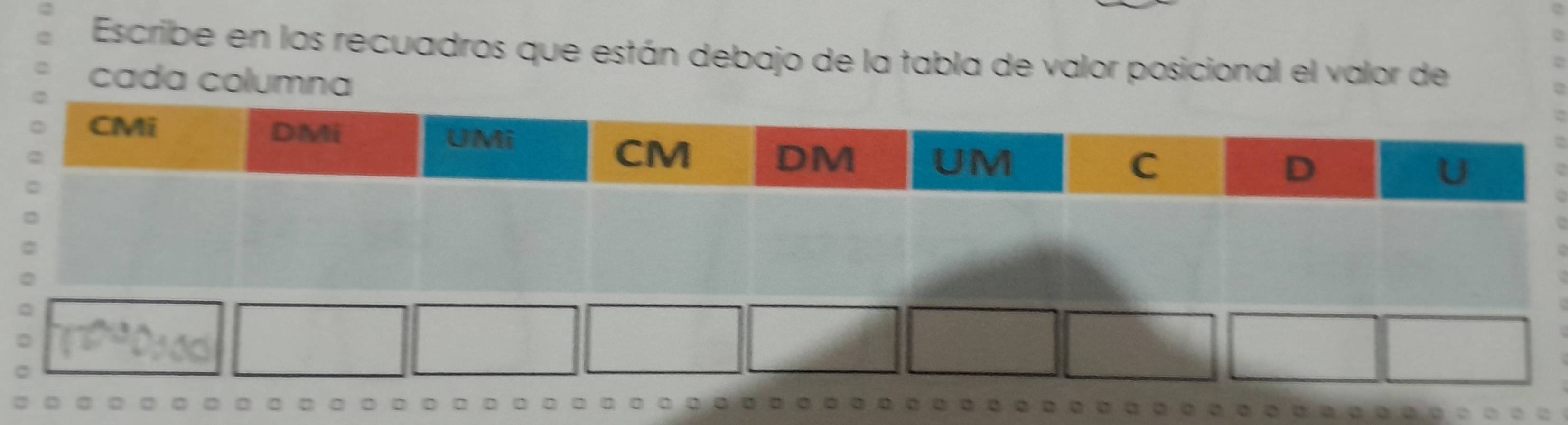 Escribe en los recuadros que están debajo de la tabla de valor posicional el valor de 
cada columna