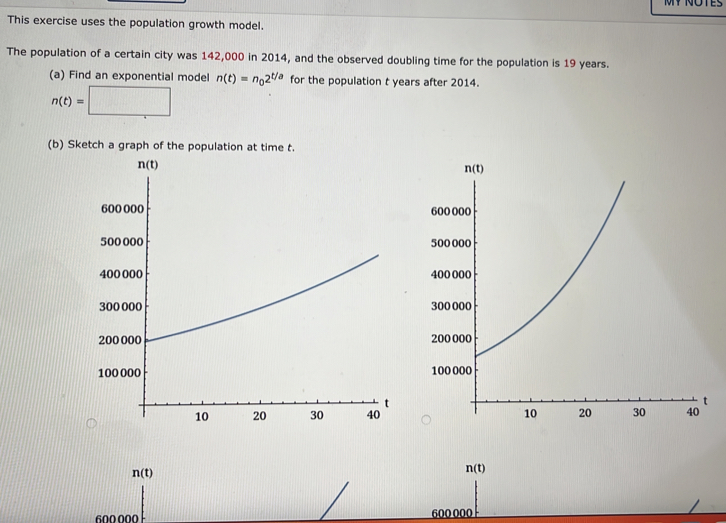 TES
This exercise uses the population growth model.
The population of a certain city was 142,000 in 2014, and the observed doubling time for the population is 19 years.
(a) Find an exponential model n(t)=n_02^(t/a) for the population t years after 2014.
n(t)=□
(b) Sketch a graph of the population at time t.
n(t)
n(t)
600 000 600 000