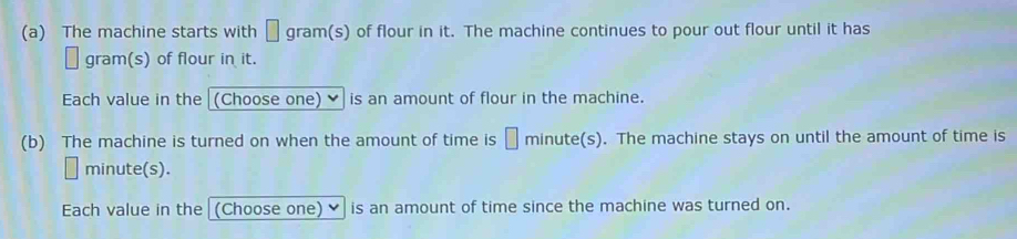 The machine starts with □ gram (s) of flour in it. The machine continues to pour out flour until it has 
gram(s) of flour in it. 
Each value in the (Choose one) ✔is an amount of flour in the machine. 
(b) The machine is turned on when the amount of time is minute (s). The machine stays on until the amount of time is
minute (s). 
Each value in the (Choose one) ✔ is an amount of time since the machine was turned on.