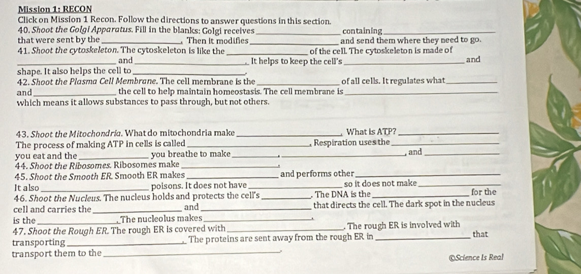 Mission 1: RECON 
Click on Mission 1 Recon. Follow the directions to answer questions in this section. 
40, Shoot the Golgi Apparatus. Fill in the blanks: Golgi receives _containing_ 
that were sent by the_ Then it modifies _and send them where they need to go. 
41. Shoot the cytoskeleton. The cytoskeleton is like the _of the cell. The cytoskeleton is made of 
_and_ It helps to keep the cell's_ and 
shape. It also helps the cell to_ 
42. Shoot the Plasma Cell Membrane. The cell membrane is the_ of all cells. It regulates what_ 
and_ the cell to help maintain homeostasis. The cell membrane is_ 
which means it allows substances to pass through, but not others. 
43. Shoot the Mitochondria. What do mitochondria make_ What is ATP?_ 
The process of making ATP in cells is called_ Respiration uses the_ 
you eat and the _you breathe to make__ 
, and_ 
44. Shoot the Ribosomes. Ribosomes make_ 
45. Shoot the Smooth ER. Smooth ER makes_ and performs other_ 
It also _poisons. It does not have _so it does not make_ 
46. Shoot the Nucleus. The nucleus holds and protects the cell’s _. The DNA is the_ 
for the 
cell and carries the _and _that directs the cell. The dark spot in the nucleus 
is the The nucleolus makes_ 
47. Shoot the Rough ER. The rough ER is covered with _. The rough ER is involved with 
transporting _The proteins are sent away from the rough ER in_ 
that 
transport them to the_ 
©Science Is Real