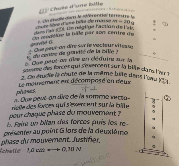 (2 Chute d'une bille 
* connaïssances + Schématiser 
1. On étudie dans le référentiel terrestre la 
chute libre d'une bille de masse m=20g
dans l'air (). On néglige l'action de l'air. 
On modélise la bille par son centre de 
gravité G. 
. Que peut-on dire sur le vecteur vitesse
vector v_G du centre de gravité de la bille ? 
b. Que peut-on dire en déduire sur la 
somme des forces qui s'exercent sur la bille dans l’air ? 
2. On étudie la chute de la même bille dans l'eau 
Le mouvement est décomposé en deux (2) 
phases. 
a. Que peut-on dire de la somme vecto- 
rielle des forces qui s’exercent sur la bille 
pour chaque phase du mouvement ? 
b. Faire un bilan des forces puis les re- 
présenter au point G lors de la deuxième 
phase du mouvement. Justifier. 
Échelle 1,0 cm I 0,10 N