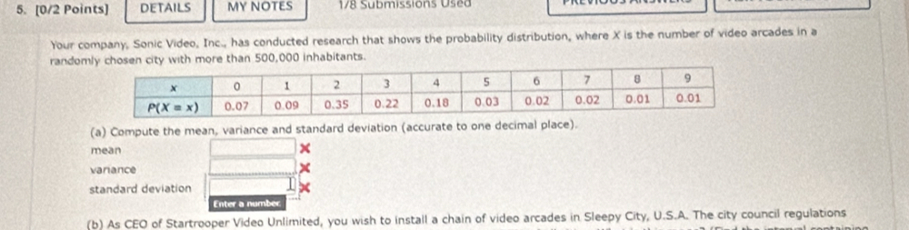 DETAILS MY NOTES 178 Submissions Used
Your company, Sonic Video, Inc., has conducted research that shows the probability distribution, where X is the number of video arcades in a
randomly chosen city with more than 500,000 inhabitants.
(a) Compute the mean, variance and standard deviation (accurate to one decimal place).
mean
variance
standard deviation
Enter a number
(b) As CEO of Startrooper Video Unlimited, you wish to install a chain of video arcades in Sleepy City, U.S.A. The city council regulations