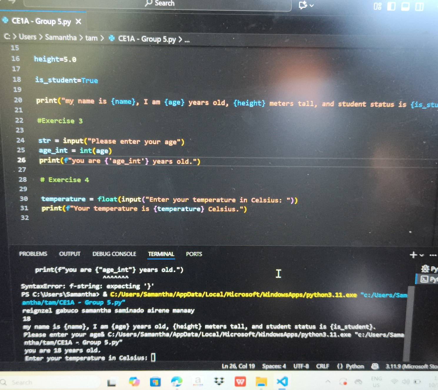 Solved: Search a CE1A - Group 5.py X C: > Users > Samantha > tam > CE1A ...
