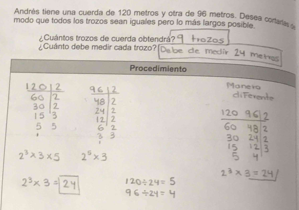 Andrés tiene una cuerda de 120 metros y otra de 96 metros. Desea cortaras 
modo que todos los trozos sean iguales pero lo más largos posible. 
¿Cuántos trozos de cuerda obtendrá? 
¿Cuánto debe medir cada trozo? 
m 
Procedimiento 
a nero