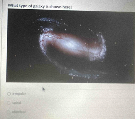 What type of galaxy is shown here?
Irregular
spiral
eftatical