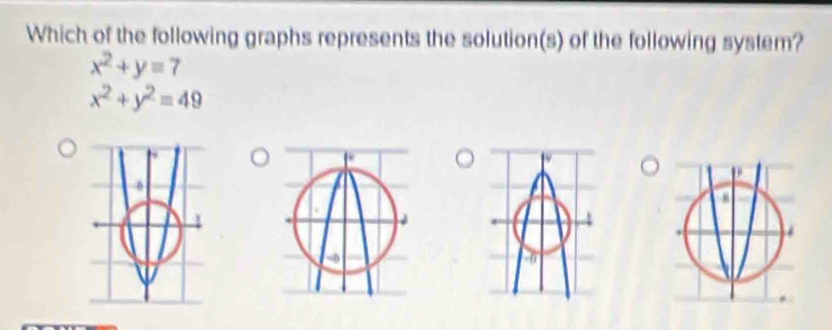 Which of the following graphs represents the solution(s) of the following system?
x^2+y=7
x^2+y^2=49