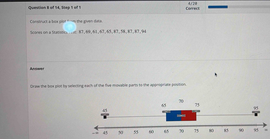 4/20 
Question 8 of 14, Step 1 of 1 Correct 
Construct a box plot from the given data. 
Scores on a Statistics rest: 87, 69, 61, 67, 65, 87, 58, 87, 87, 94
Answer 
Draw the box plot by selecting each of the five movable parts to the appropriate position. 
∞