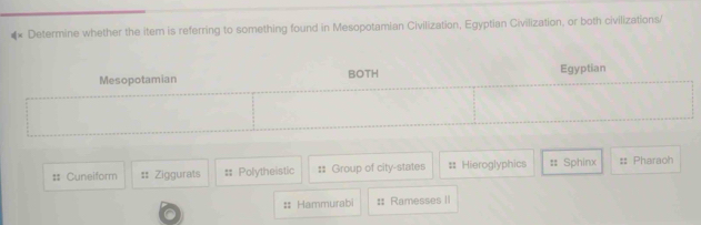 Determine whether the item is referring to something found in Mesopotamian Civilization, Egyptian Civilization, or both civilizations/
Mesopotamian BOTH Egyptian
# Cuneiform Ziggurats : Polytheistic :: Group of city-states # Hieroglyphics # Sphinx #: Pharaoh
#: Hammurabi :: Ramesses II