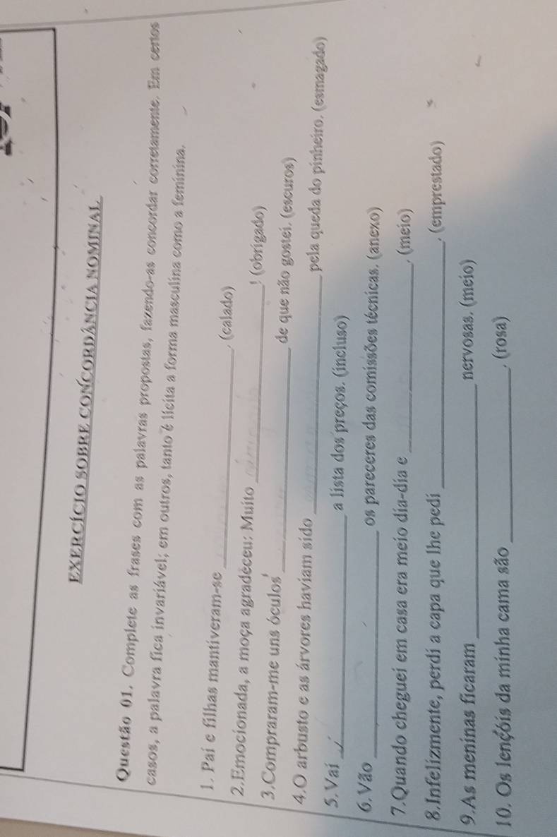 EXeRCÍCIO SOBRE CONcORDância nomInal 
Questão 01. Complete as frases com as palavras propostas, fazendo-as concordar corretamente. Em certos 
casos, a palavra fica invariável; em outros, tanto é lícita a forma masculina como a feminina. 
1. Pai e filhas mantiveram-se _ (calado) 
2.Emocionada, a moça agradéceu: Muito _ (obrigado) 
3.Compraram-me uns óculos_ de que não gostei. (escuros) 
4.O arbusto e as árvores haviam sido _pela queda do pinheiro. (esmagado) 
5. Vai_ a lista dos preços. (incluso) 
6. Vão _os pareceres das comissões técnicas. (anexo) 
7.Quando cheguei em casa era meio día-día e _ (meio) 
8.Infelizmente, perdi a capa que lhe pedi _ (emprestado) 
9.As meninas ficaram _nervosas. (meio) 
10. Os lençois da minha cama são _. (rosa)