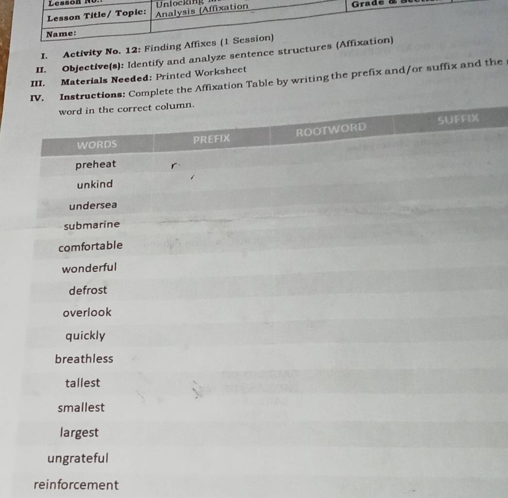 NU. 
I. Activity No. 12: Finding A 
II. Objective(s): Identify and analyze sentence structures ( 
III. Materials Needed: Printed Worksheet 
Affixation Table by writing the prefix and/or suffix and the 
reinforcement