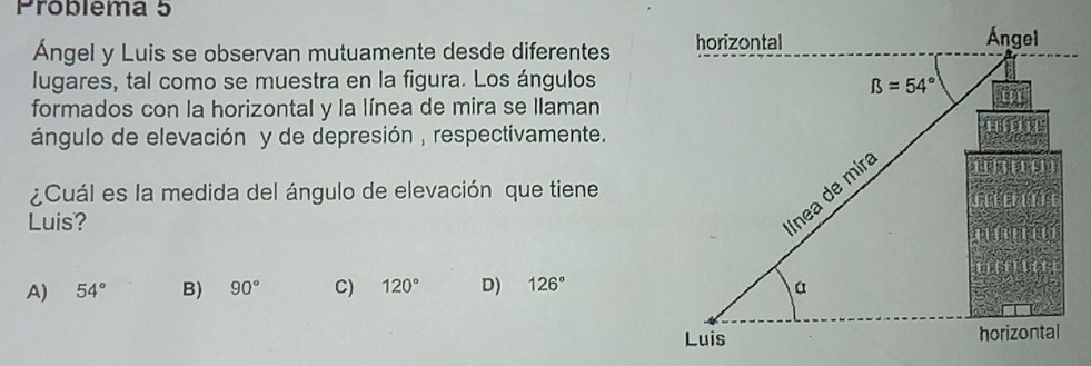 Problema 5
Ángel y Luis se observan mutuamente desde diferentes
lugares, tal como se muestra en la figura. Los ángulos
formados con la horizontal y la línea de mira se llaman
ángulo de elevación y de depresión , respectivamente.
¿Cuál es la medida del ángulo de elevación que tiene
Luis?
A) 54° B) 90° C) 120° D) 126°