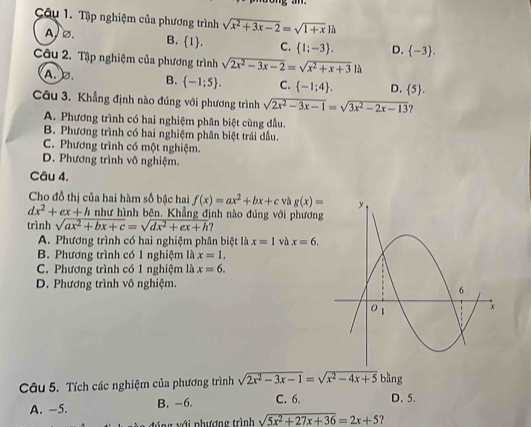 Tập nghiệm của phương trình sqrt(x^2+3x-2)=sqrt(1+x)1a
A,∅. B. 1. C.  1;-3 . D.  -3 .
Câu 2. Tập nghiệm của phương trình sqrt(2x^2-3x-2)=sqrt(x^2+x+3)1lambda
A. σ. B.  -1:5 . C.  -1;4 . D.  5 .
Câu 3. Khẳng định nào đúng với phương trình sqrt(2x^2-3x-1)=sqrt(3x^2-2x-13)
A. Phương trình có hai nghiệm phân biệt cùng đầu.
B. Phương trình có hai nghiệm phân biệt trái dầu.
C. Phương trình có một nghiệm.
D. Phương trình vô nghiệm.
Câu 4.
Cho đồ thị của hai hàm số bậc hai f(x)=ax^2+bx+c và g(x)=
dx^2+ex+h như hình bên. Khẳng định nào đúng với phương
trình sqrt(ax^2+bx+c)=sqrt(dx^2+ex+h)
A. Phương trình có hai nghiệm phân biệt là x=1 và x=6.
B. Phương trình có 1 nghiệm là x=1.
C. Phương trình có 1 nghiệm là x=6.
D. Phương trình vô nghiệm.
ng
Câu 5. Tích các nghiệm của phương trình sqrt(2x^2-3x-1)=sqrt(x^2-4x+5)b D. 5.
A. -5. B. -6. C. 6.
đ úng với phượng trình sqrt(5x^2+27x+36)=2x+5 ?