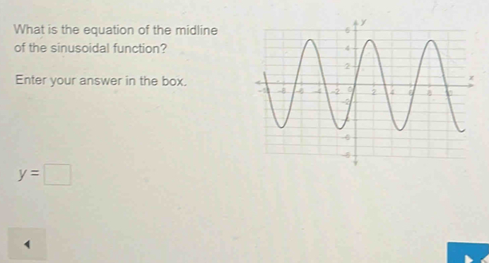 What is the equation of the midline 
of the sinusoidal function? 
Enter your answer in the box.
y=□
1