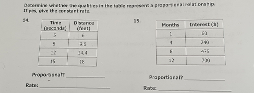 Determine whether the qualities in the table represent a proportional relationship. 
If yes, give the constant rate. 
14. 15. 



Proportional?_ Proportional?_ 
Rate: _Rate:_