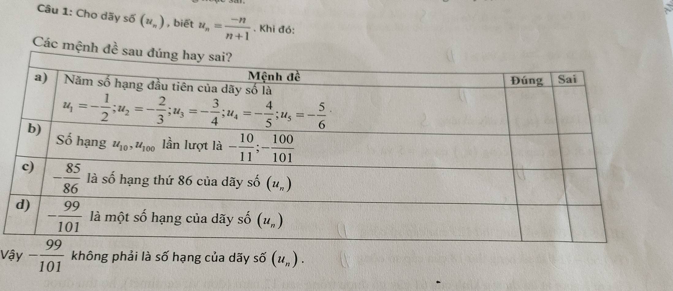 Cho dãy shat o(u_n) , biết u_n= (-n)/n+1 . Khi đó:
Các mệnh đề
Vậy - 99/101  không phải là số hạng của dãy số (u_n).