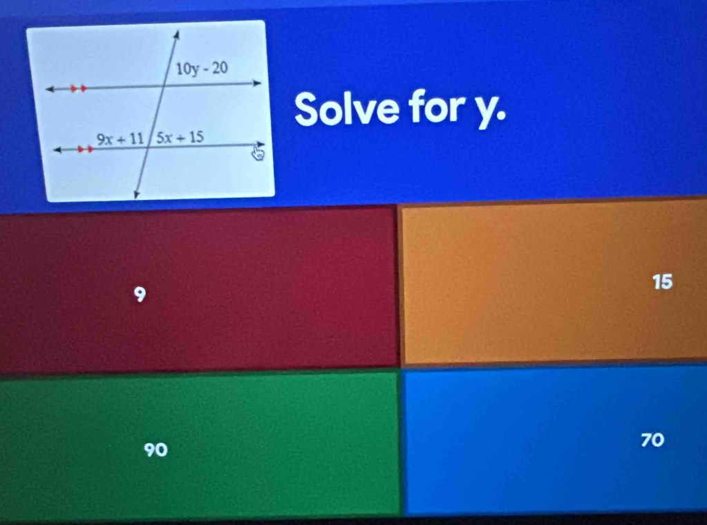 Solve for y.
15
90
70